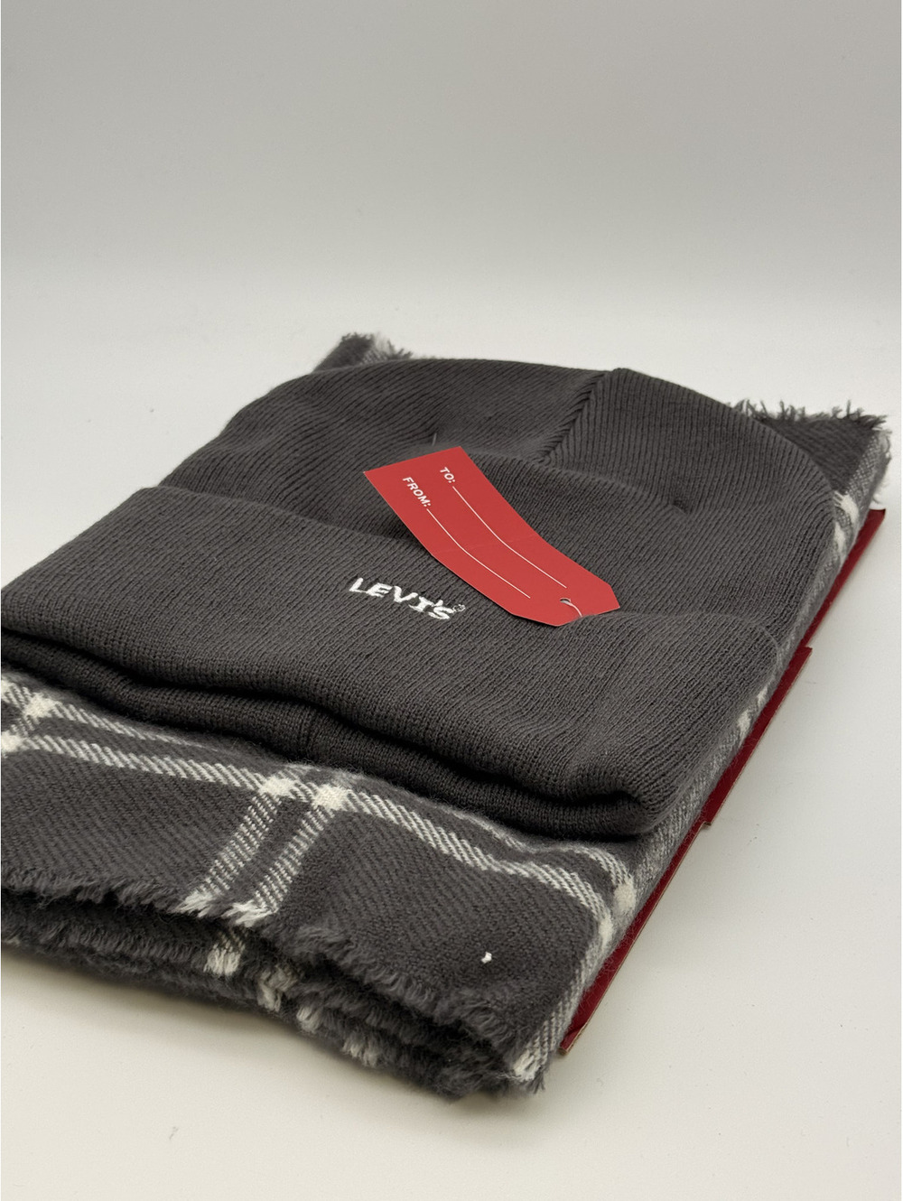 Levi's Gray Plaid Scarf and Beanie Set
